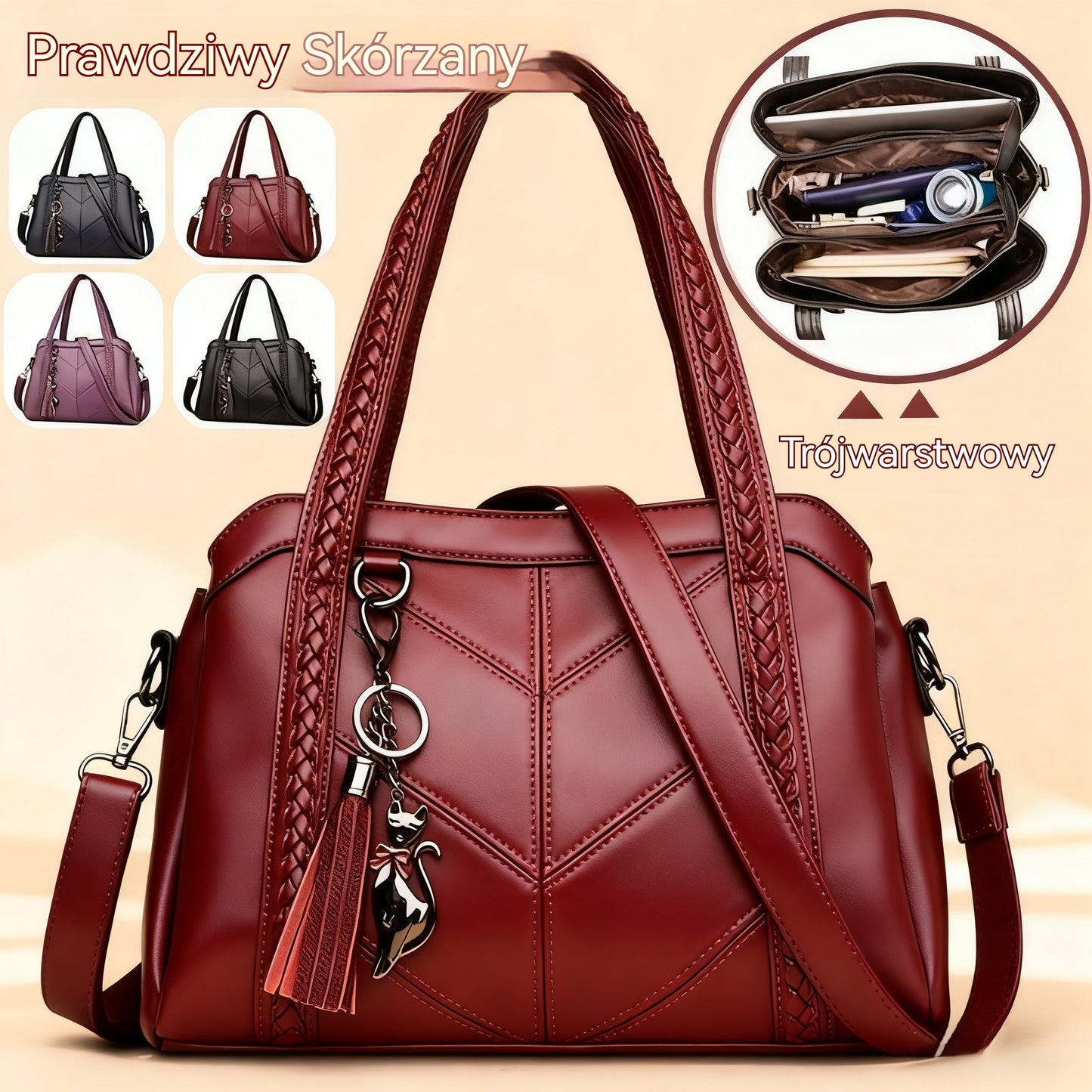 👜💟【50% ZNIŻKI】Torba z miękkiej skóry, torebka, duża pojemność, trzy przegrody, wodoodporna i odporna na zarysowania